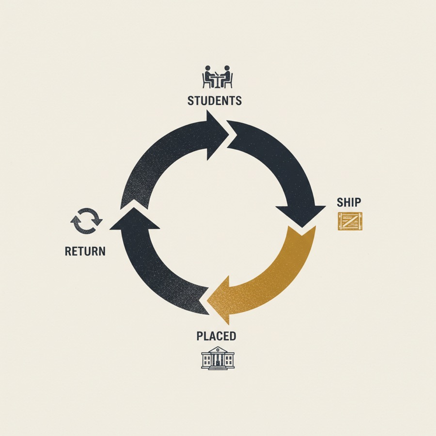 Flywheel: students ship real software, get placed, companies return